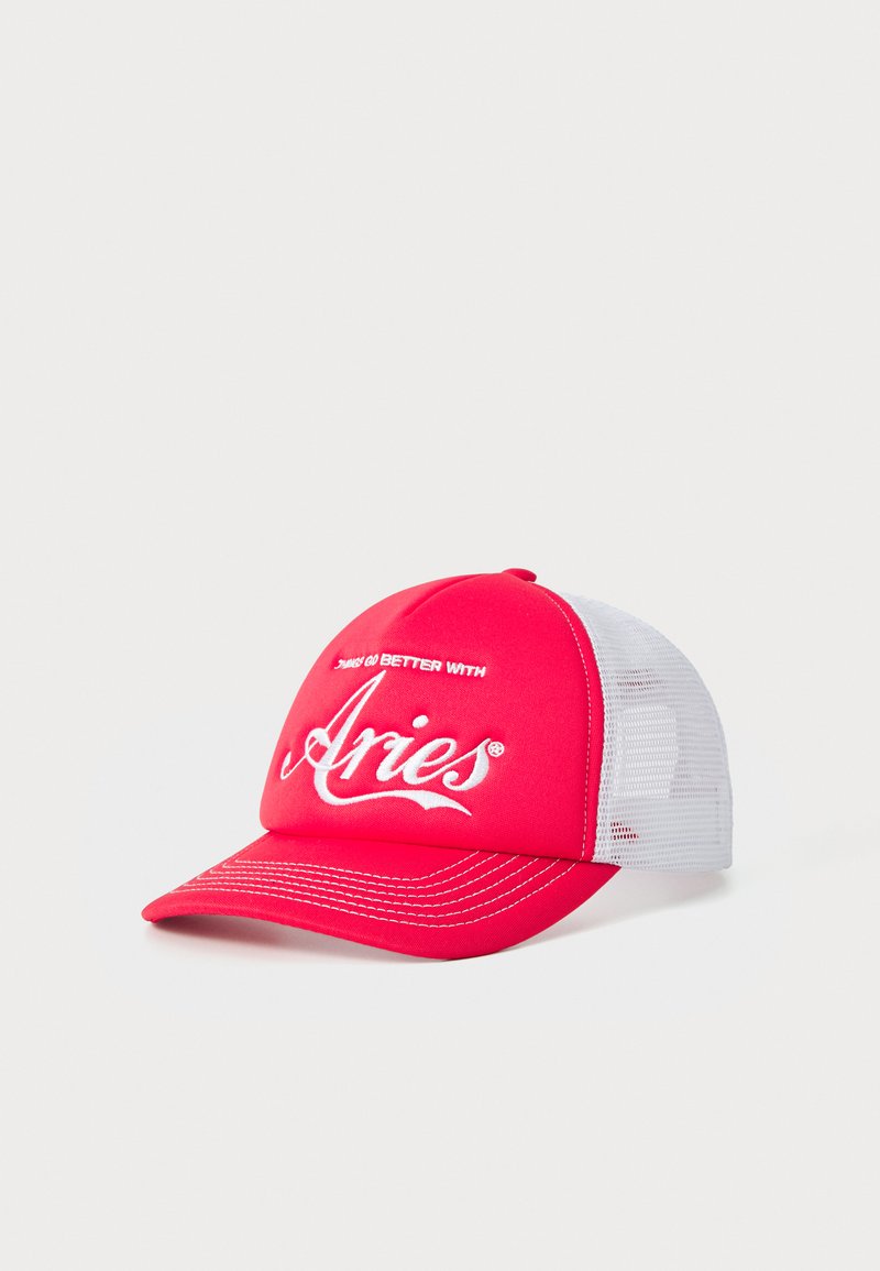 Pink baseball cap with a curved visor, white mesh back, and embroidered text "Aries" in white. Features contrasting stitching.