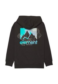 Schwarzer Hoodie mit einem Design, das eine blaue geometrische Form und eine Bergsilhouette zeigt. "Element"-Logo in Hellblau mit weißen Konturlinien.