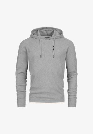 Szürke, bordázott, hosszú ujjú kapucnis pulóver elülső kenguruzsebbel, állítható húzózsinórokkal és logóval a mellkason. Puha textilanyag.