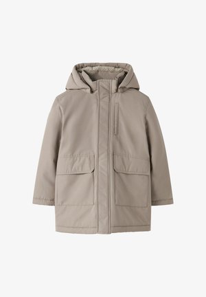 Beige hooded winter coat with front zipper, two large flap pockets, chest pocket, and fleece lining inside the hood.
