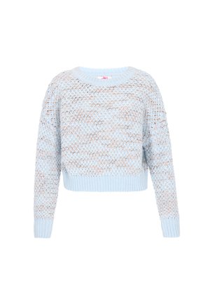Suéter de punto de color azul claro con un patrón texturizado, cuello redondo y mangas largas. Presenta un corte cropped con puños de canalé.