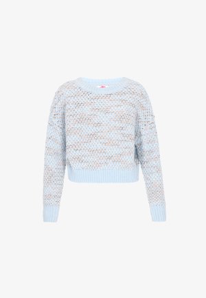 Svetlo modrý pletený sveter s textúrovaným vzorom, okrúhlym výstrihom a dlhými rukávmi. Má skrátený strih s rebrovanými manžetami.