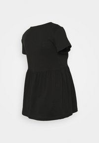 Mustat lyhyet hihalliset mekko, joka on valmistettu pehmeästä ja sileästä kankaasta, jossa on pyöreä pääntie ja kerroksellinen, levenevä hame, joka ulottuu vyötäröltä.