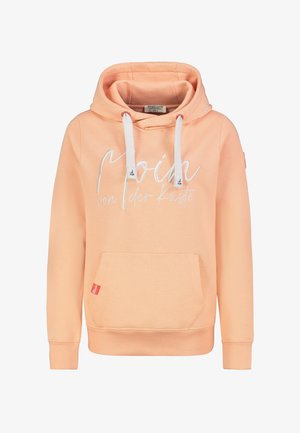 Perzikkleurige hoodie gemaakt van zacht stof, met een voorzak, witte trekkoorden en decoratieve tekst aan de voorkant.