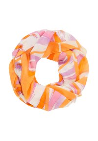 Circular scarf made of lightweight fabric. Features a vibrant pattern with orange, pink, and white stripes. Soft texture and loose drape.