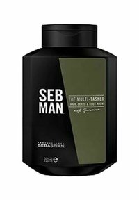Zwarte vierkante plastic fles met een donkergroen label, met witte tekst die zegt "SEB MAN THE MULTI-TASKER HAIR, BEARD & BODY WASH." 250 ml.