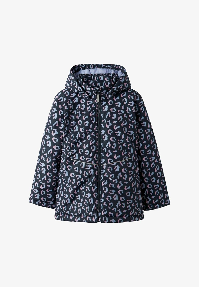Polstret jakke med hætte, prydet med en mørk marine baggrund og et multifarvet leopardprint mønster. Inkluderer frontlynlås og lommer.