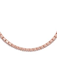 Collana in oro rosa con cristalli trasparenti a taglio quadrato inseriti in un design a catena, che mette in mostra una texture liscia e lucida.