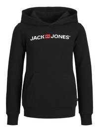 Felpa nera con cappuccio e tasca frontale, con testo bianco "JACK & JONES" e un logo quadrato rosso. Realizzata in morbido tessuto testurizzato.