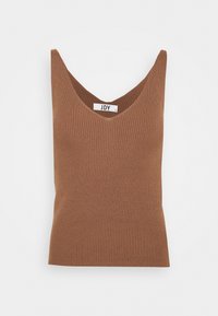 Haut sans manches en maille côtelée marron avec un col en V et de larges bretelles, étiquette taille small.