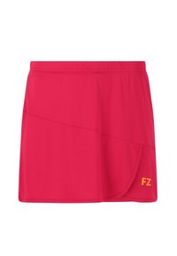 Punainen urheiluhame, joka on valmistettu kevyestä materiaalista, ja siinä on epäsymmetrinen muotoilu sekä keltainen "FZ"-logo alhaalla oikealla.