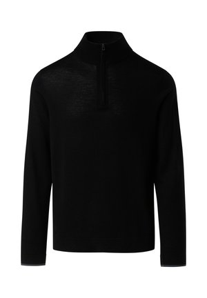 Sudadera negra con media cremallera y cuello alto, de manga larga, y con acentos en gris contrastante en los puños. Fabricada con una tela suave y ligera.