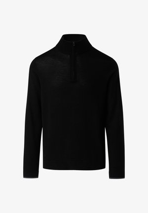 Schwarzer Halbzip-Pullover mit hohem Kragen, langen Ärmeln und kontrastierenden grauen Akzenten an den Bündchen. Hergestellt aus weichem, leichtem Stoff.