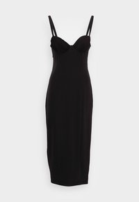 Svart midiklänning med spagettiband, med en ribbad korsettstil i bysten och en slät, figurnära silhuett. Inga synliga mönster eller accenter.
