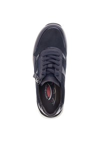 Navy blue sneaker with a suede-like upper, textured laces, zip closure on the side, and a padded collar for comfort. Rubber outsole for traction.