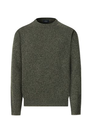 Grüner Strickpullover mit rundem Hals, langen Ärmeln und geripptem Saum, gefertigt aus einem weichen, strukturierten Material mit einem dezenten Muster.