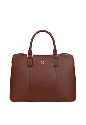 Sac à main en cuir marron avec doubles poignées, coutures discrètes et petit logo circulaire doré embossé au centre.