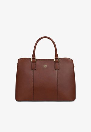 Sac à main en cuir marron avec doubles poignées, coutures discrètes et petit logo circulaire doré embossé au centre.