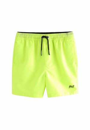 Shorts de bain jaune fluo avec un cordon de serrage noir réglable, des poches latérales et un accent de logo noir en bas à gauche. Tissu lisse et léger.