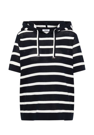 Zwart-wit horizontaal gestreepte hoodie met korte mouwen, perforatietextuur in breisel en witte trekkoorden.