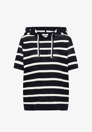 Zwart-wit horizontaal gestreepte hoodie met korte mouwen, perforatietextuur in breisel en witte trekkoorden.