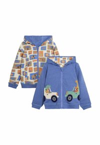Plava zip-up dukserica s dizajnom crtanog vozila s životinjama na prednjoj strani. Može se obrnuti, s uzorkom koji prikazuje divlje životinje.