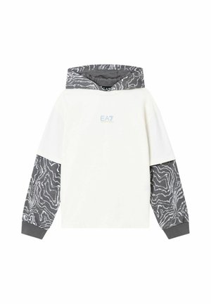 Felpa bianca con cappuccio, maniche con motivo grigio e cappuccio, con piccolo logo "EA7" azzurro chiaro centrato sul petto.