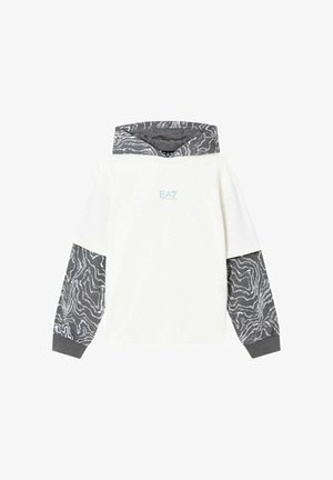 Felpa bianca con cappuccio, maniche con motivo grigio e cappuccio, con piccolo logo "EA7" azzurro chiaro centrato sul petto.