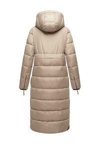 Long beige padded coat with a hood, featuring horizontal quilted patterns and side zipper pockets. Accents in orange on the zipper pulls.