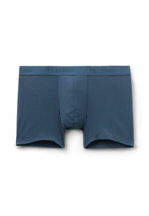 Blaue Herren-Boxershorts mit einem breiten Taillenbund, auf dem der Markenname "Tezenis" geprägt ist.
