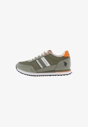 Olive green sneaker featuring a textured mesh and suede upper, white laces, a rubber sole, and an orange accent on the heel.