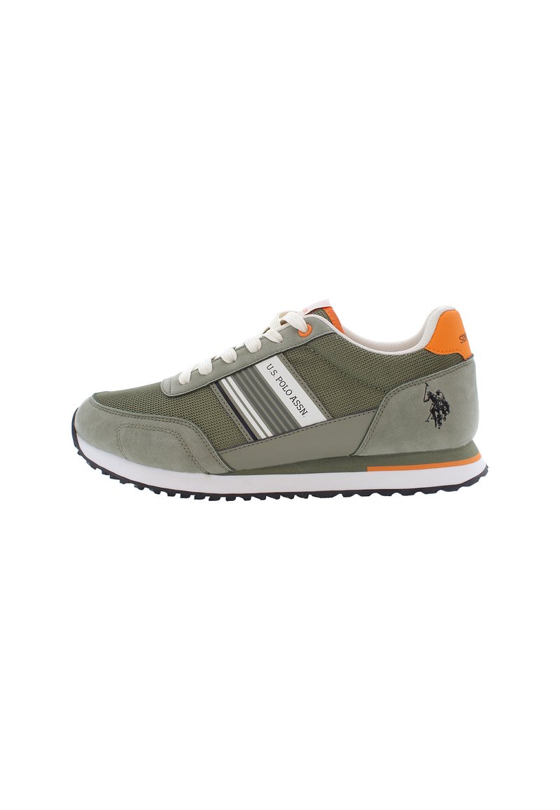 Olive green sneaker featuring a textured mesh and suede upper, white laces, a rubber sole, and an orange accent on the heel.