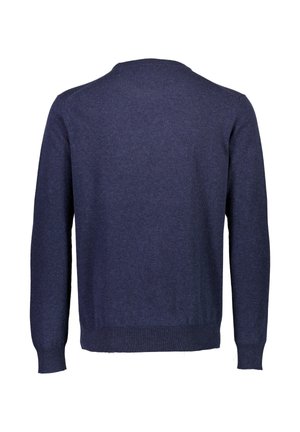 Mørkeblå strikket sweater med lange ærmer, rund hals og ribbet kant. Blød tekstur med et simpelt design og ingen synlige udsmykninger.