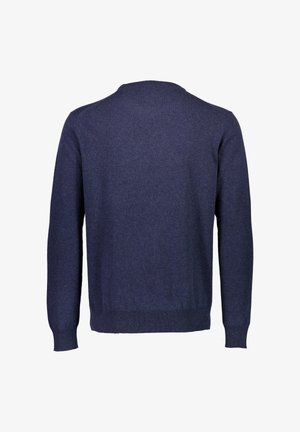 Mørkeblå strikket sweater med lange ærmer, rund hals og ribbet kant. Blød tekstur med et simpelt design og ingen synlige udsmykninger.