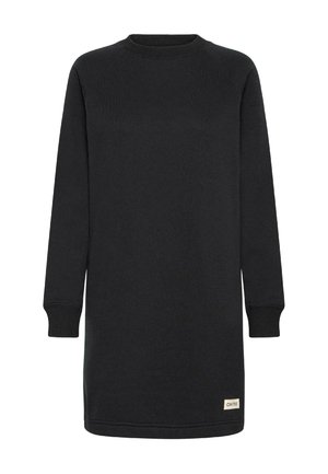 Svart sweatshirtklänning med långa ärmar, rund hals, ribbade ärmslut och nederkant, gjord av mjukt tyg, med en liten logotyp på den undre sidan.