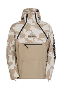 Beige Camouflage-Pulloverjacke mit hohem Kragen, vorderer Reißverschlusstasche, Kordelzug und schwarzen Logodetails an Ärmel und Brust.