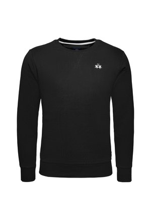 Sort sweatshirt lavet af tekstureret stof, prydet med rund hals, lange ærmer og et lille hvidt logo på brystet.
