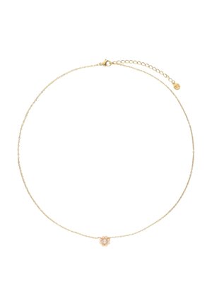 Feine Goldkette mit kleinem Blumenanhänger, der einen zentralen klaren Edelstein zeigt, verstellbarer Verschluss mit Verlängerungskette.