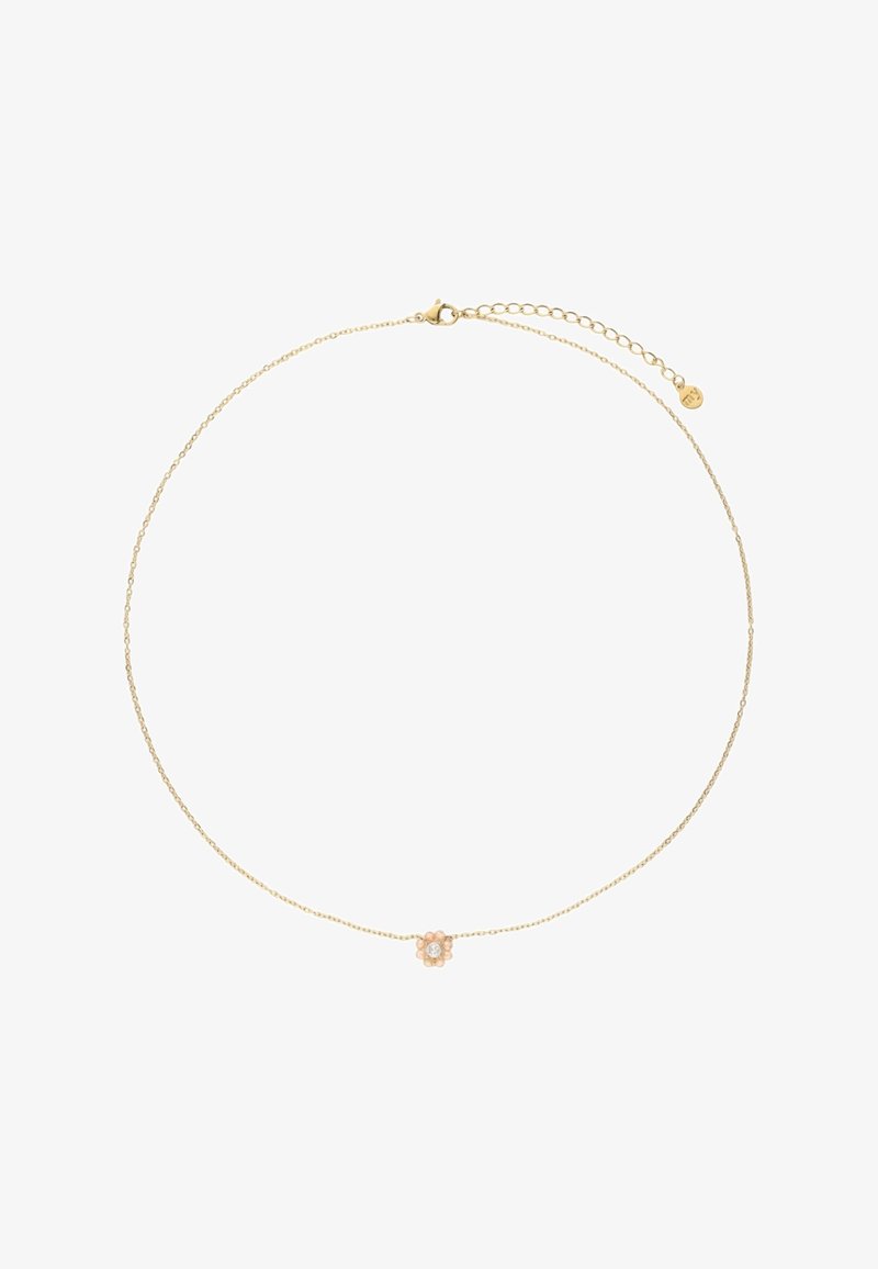 Delicata collana a catena in oro con pendente a fiore piccolo con una pietra centrale trasparente, chiusura regolabile con catenina di estensione.