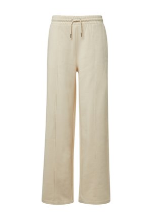 Beige wijde broek van zachte stof, voorzien van een tailleband met trekkoord en verticale naaddetails voor een gestructureerde pasvorm.