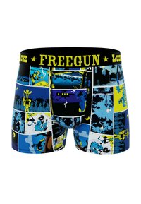 Un boxer brief pour homme avec un design de panneaux de bande dessinée multicolores en bleu, jaune et noir, avec une taille élastique portant l'inscription "FREEGUN".