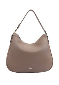 Bruine lederen hobo tas met een gestructureerd oppervlak, enkele schouderband en een gouden logoaccent aan de voorkant. Gebogen, zachte vorm.