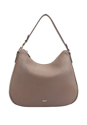 Brown leather hobo bag with a textured surface, single shoulder strap, and a gold-tone logo accent on the front. Curved, soft shape.
