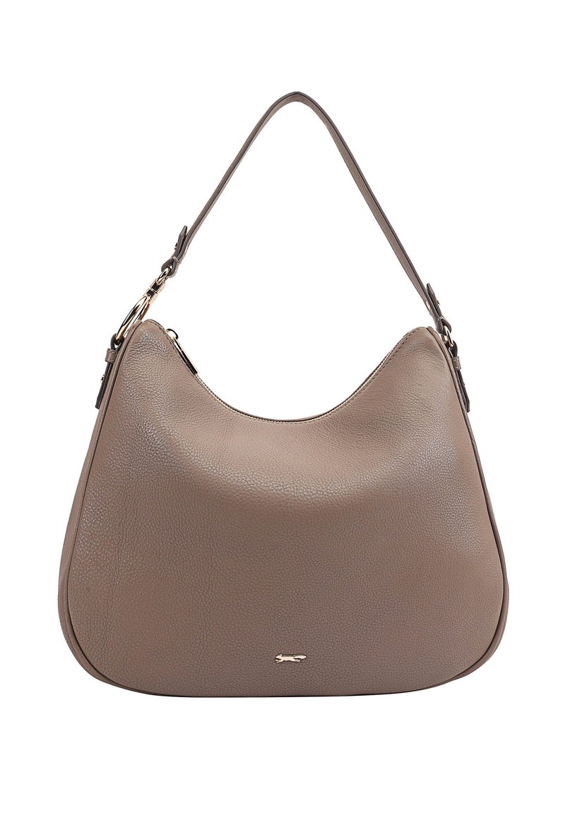 Bruine lederen hobo tas met een gestructureerd oppervlak, enkele schouderband en een gouden logoaccent aan de voorkant. Gebogen, zachte vorm.