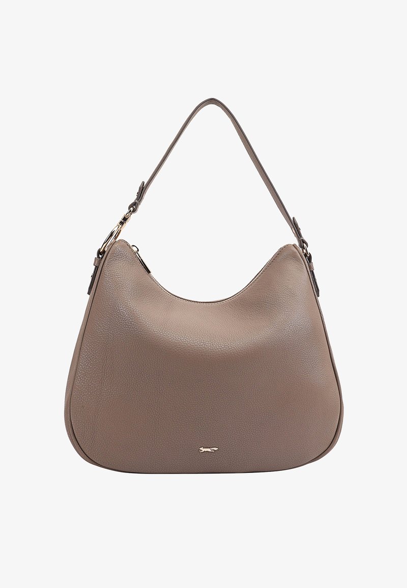 Sac hobo en cuir marron avec une surface texturée, bandoulière simple et un accent de logo doré à l'avant. Forme incurvée et douce.