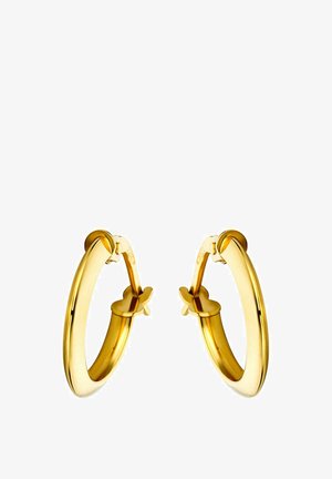 Goldfarbene Creolen mit einem glatten, runden Design und einem sicheren Verschluss. Verfügt über eine polierte Oberfläche und subtile Akzentdetails.