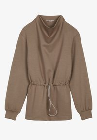 Brązowa bluzka z długim rękawem, z dekoltem w kształcie cowl i talią ze sznurkiem. Posiada miękką fakturę oraz elastyczne mankiety dla luźnego fasonu.