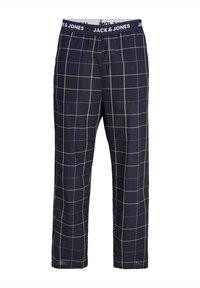 Marine blauwe geruite broek met witte en blauwe rasters, elastische tailleband met "JACK & JONES" branding, soepele stoftextuur en rechte snit.