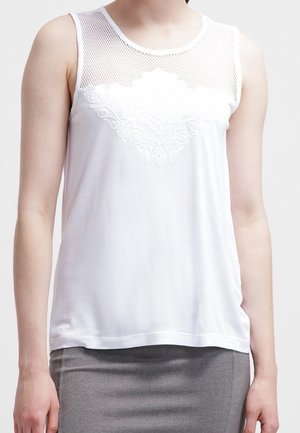 Witte mouwloze top met een gaaspaneel en een ingewikkeld geborduurd ontwerp op de voorkant, gemaakt van zachte stof, met een relaxed fit.