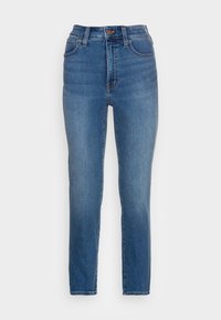 Högmidjade blå denimjeans med rak bendesign, som har fem fickor, knappstängning framtill och subtil blekning på låren.